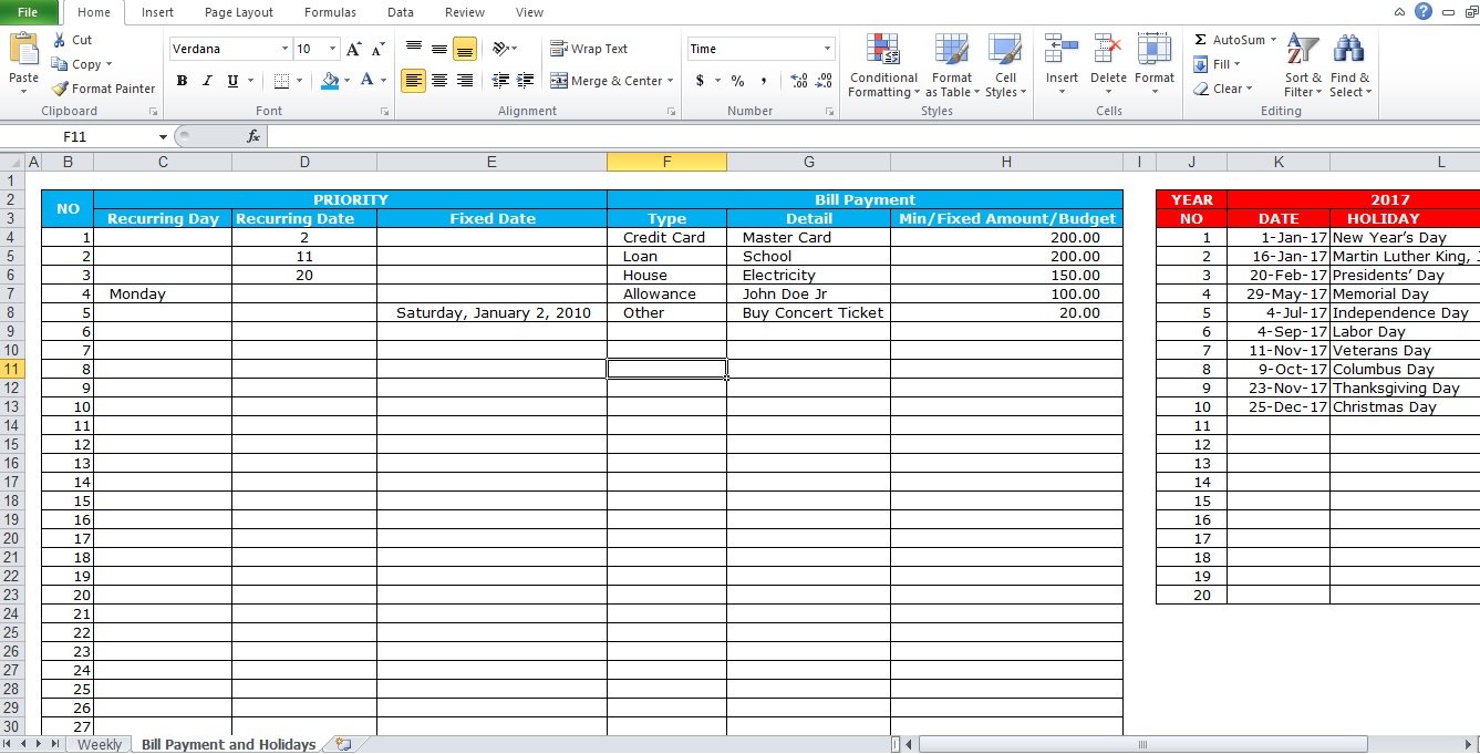 Professional Bill Pay Calendar Template Excel PDF Excel TMP