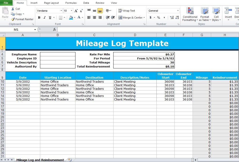 Mileage Log Template Excel