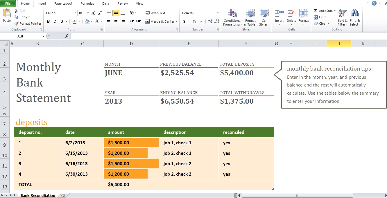 Example OF Monthly Bank Reconciliation Statement Template Excel Tmp