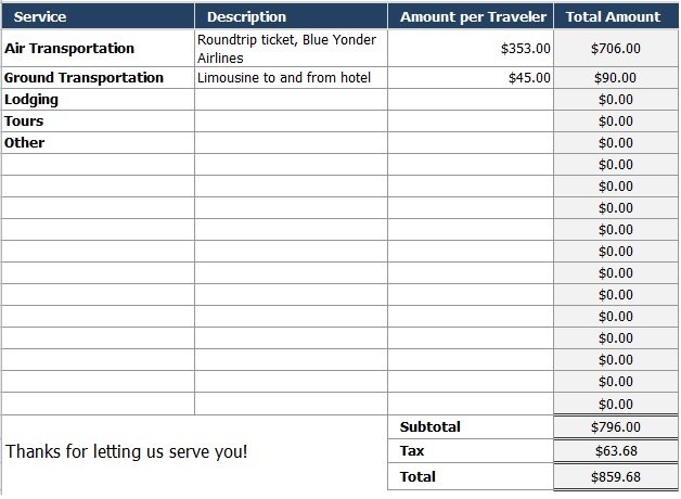 Tours and travels bill format in MS excel