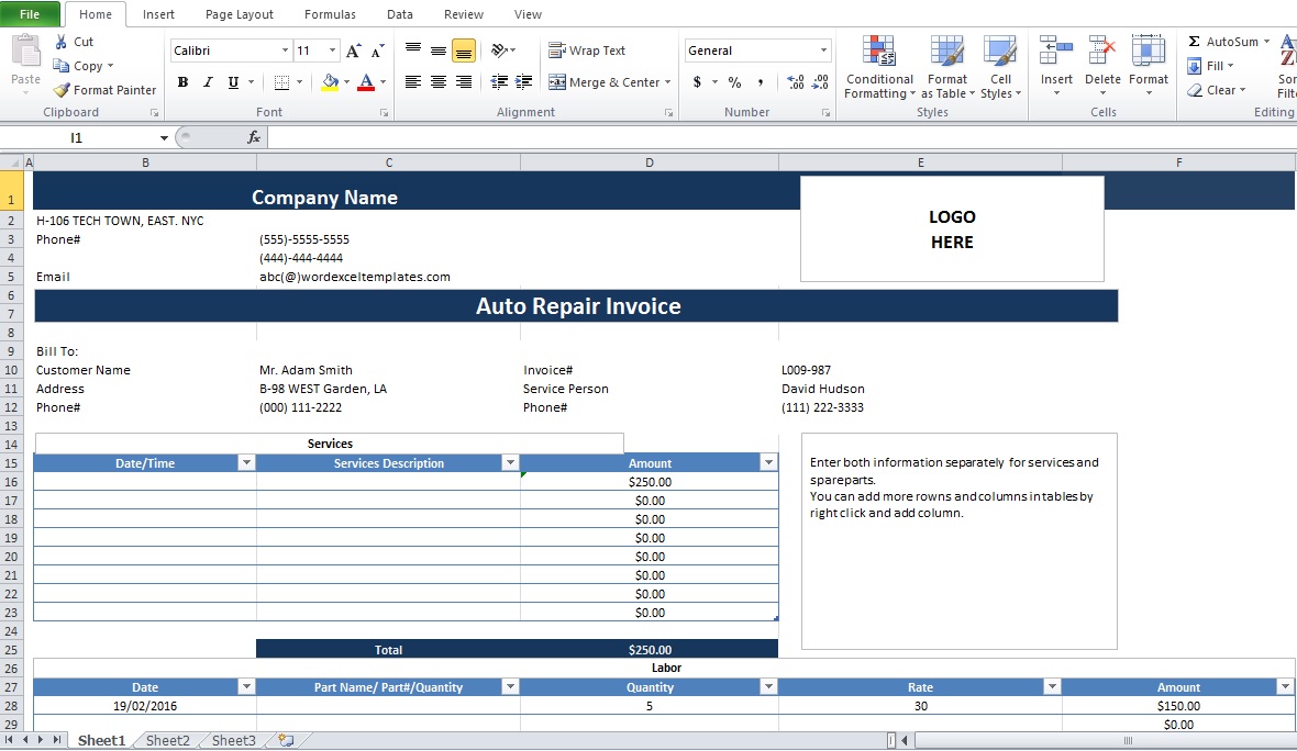 Auto Repair Invoice Template Excel