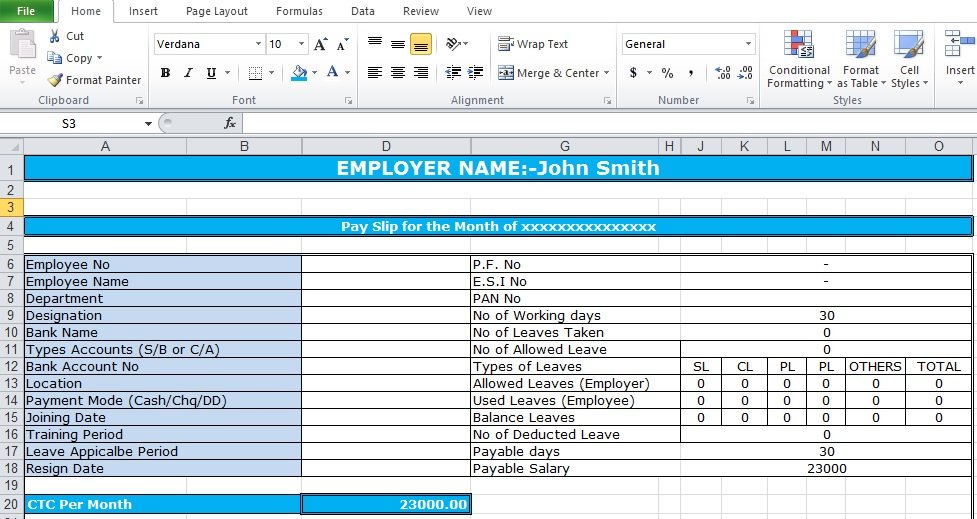 Bank Salary Slip Format Excel Template