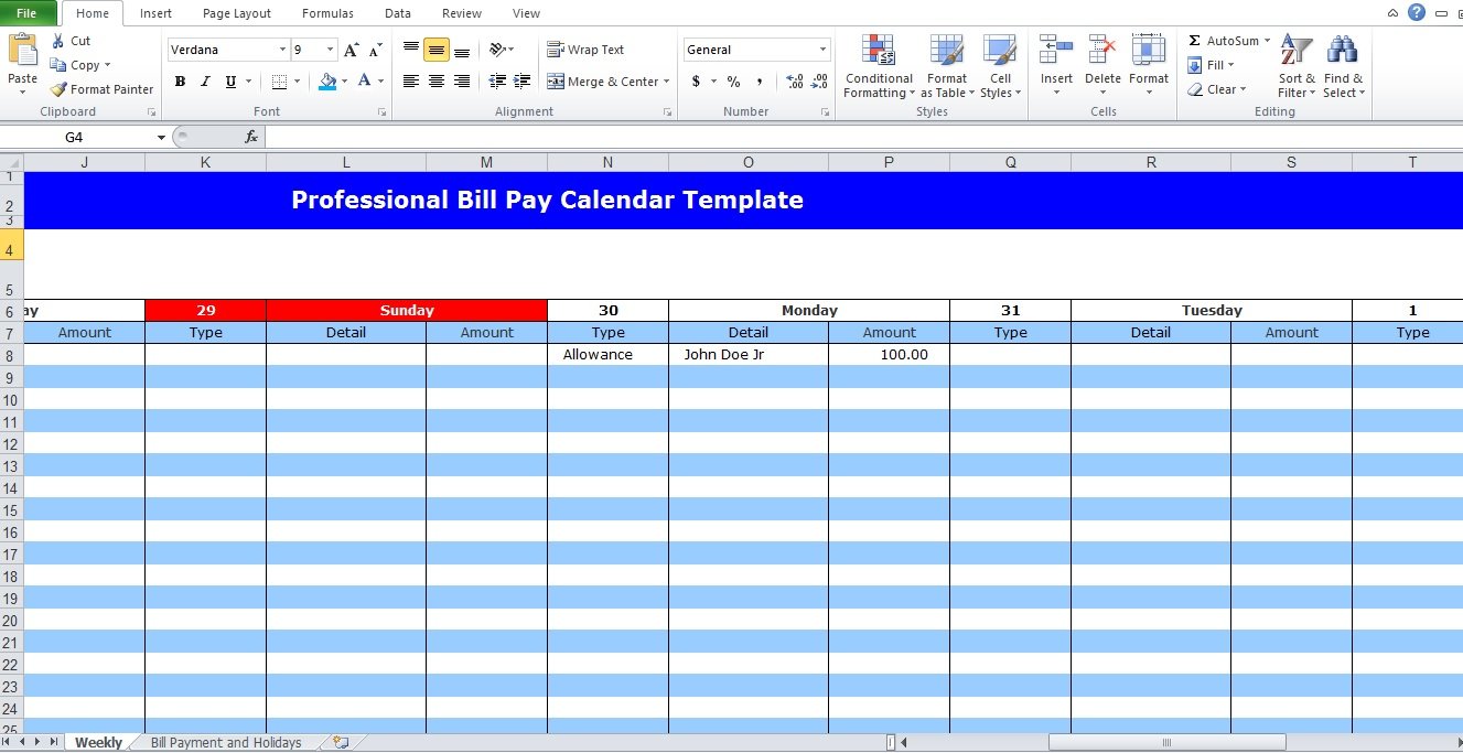 Professional Bill Pay Calendar Template (Excel PDF) Excel TMP