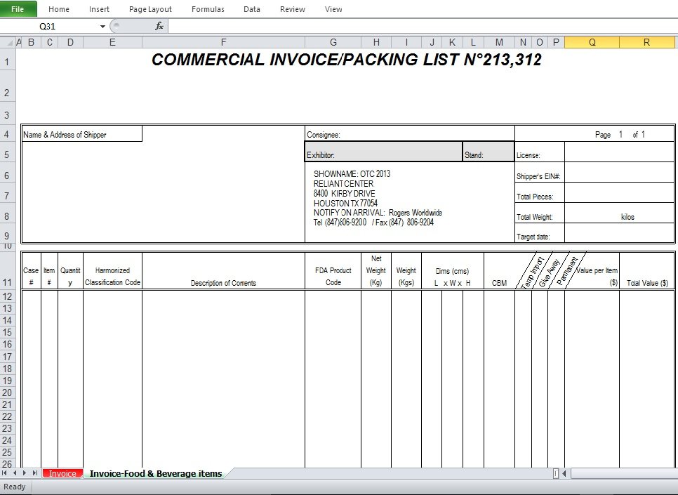 customs commercial invoice template excel