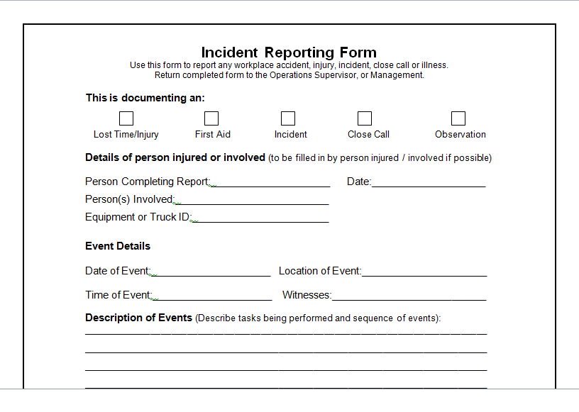 Blank Incident Report Form Template