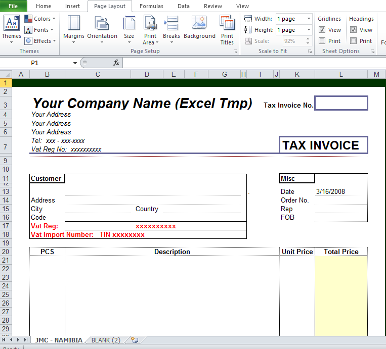 Blank tax invoice template