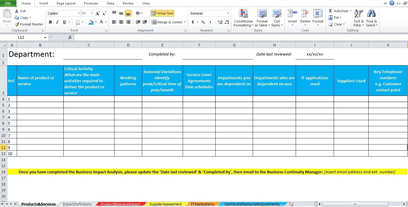 Business Impact Analysis Template Excel