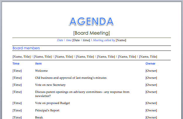 excel meeting agenda template