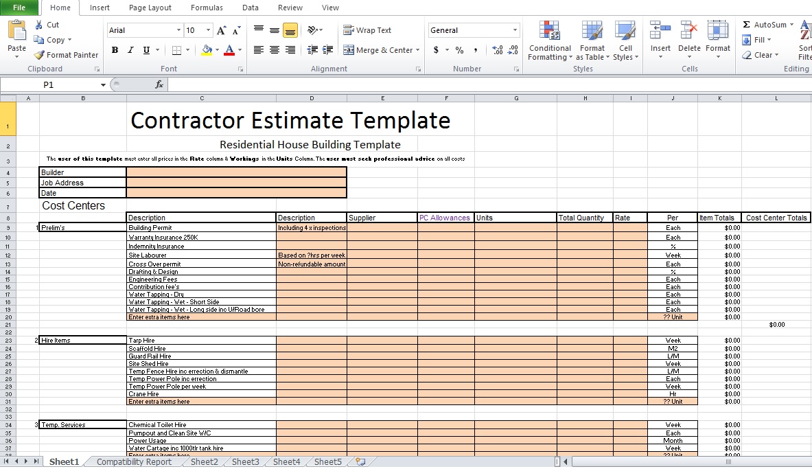 Contractor Estimate Template Excel