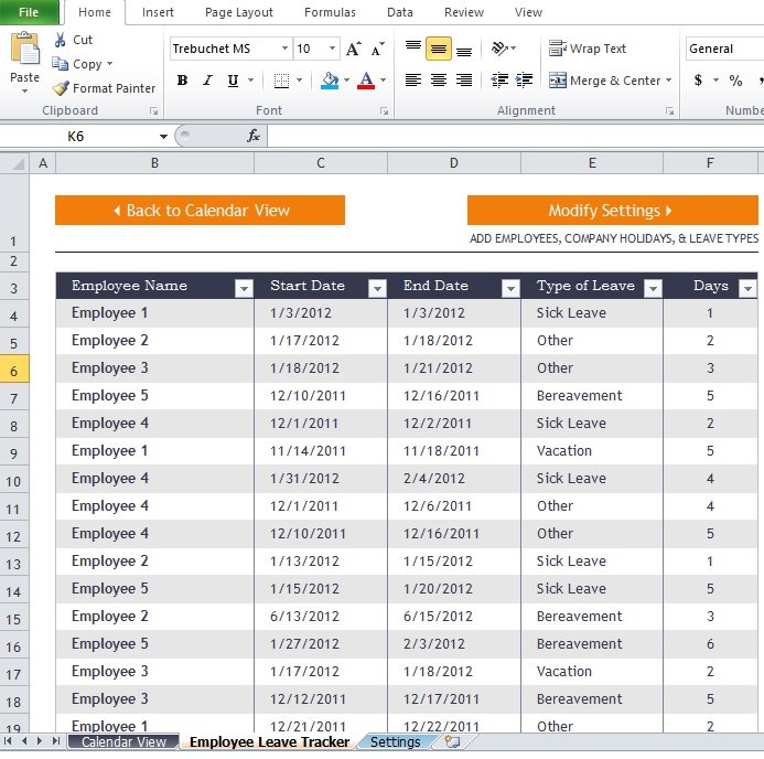 Employee Leave Tracker Excel Template