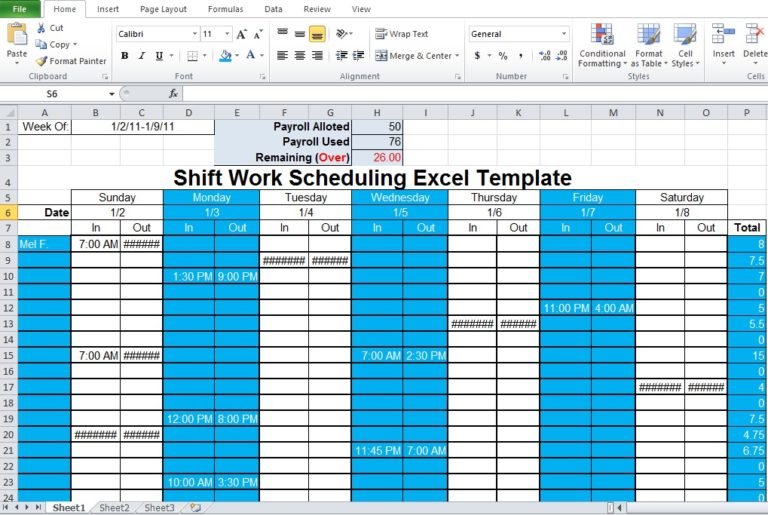 work schedule template excel