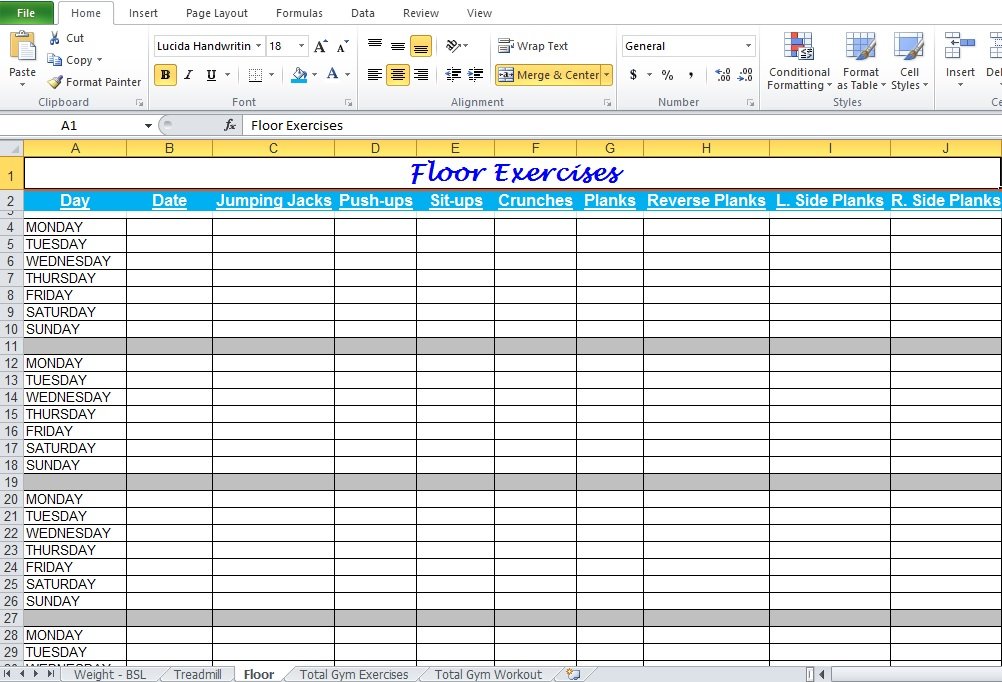 Gym Workout Plan Spreadsheet For Excel - Excel TMP