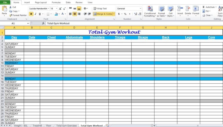 Gym Workout Plan Spreadsheet For Excel - Excel TMP