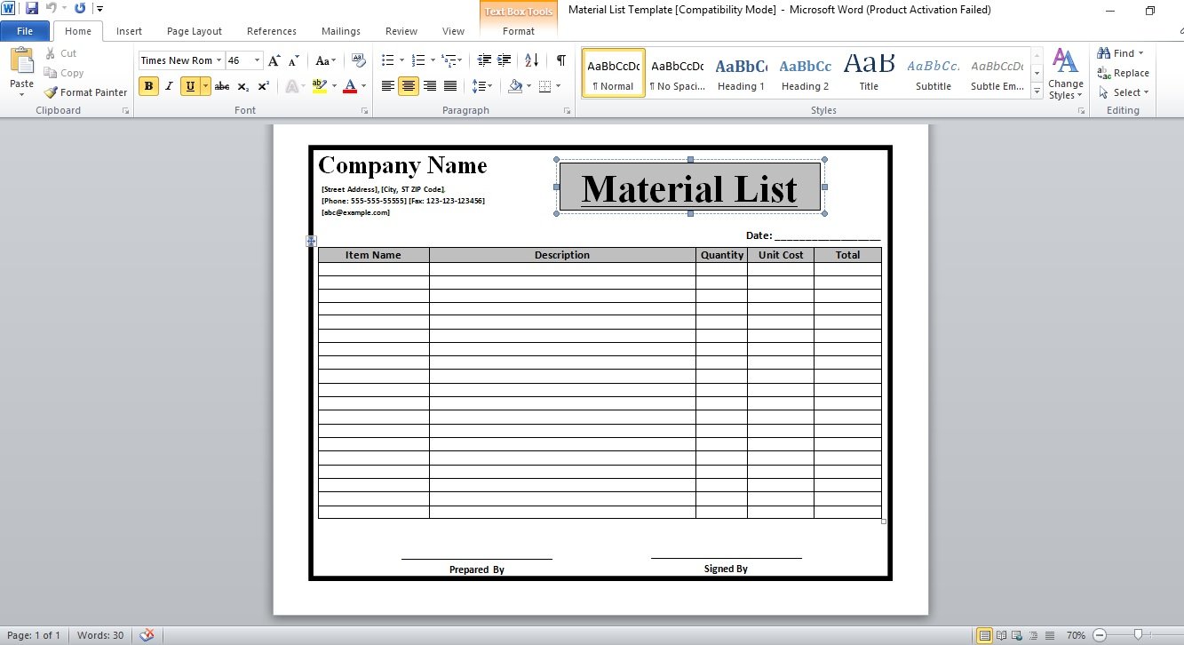 Material List Template Excel