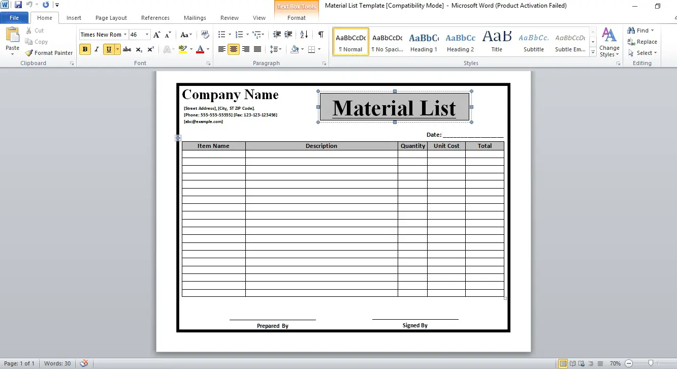 Free Download Professional Material List Template Excel TMP