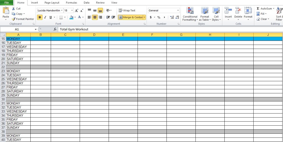 Workout Program Excel Template