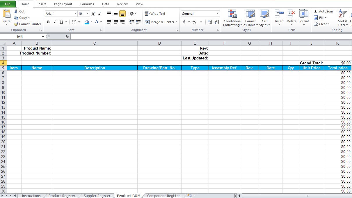 product BOM excel template