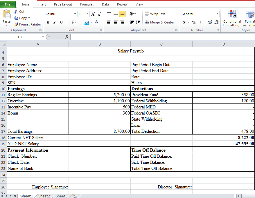 Paycheck Stub Template Excel DocTemplates