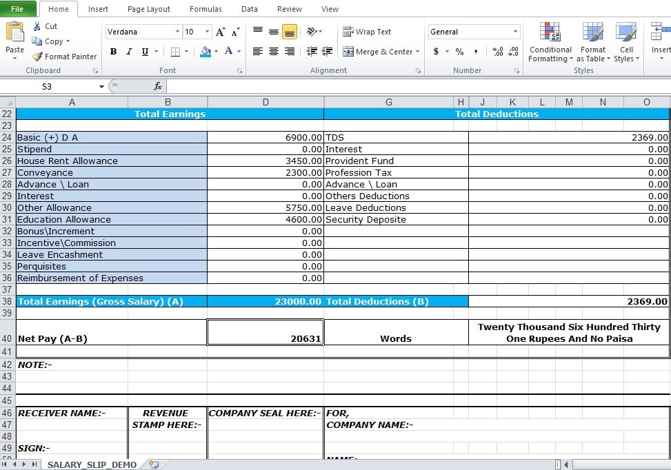 driver salary slip format in excel