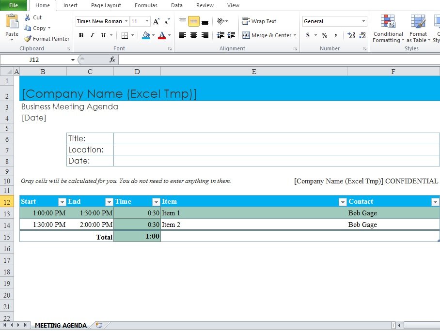 agenda excel template