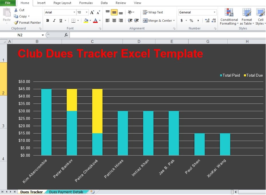 Sample of Club Dues Tracker Excel Template Free Download