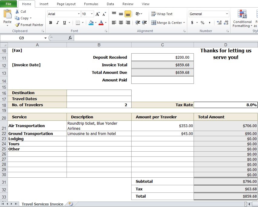 Travel Agency Invoice Template - 5+ Free Download Samples - Excel TMP