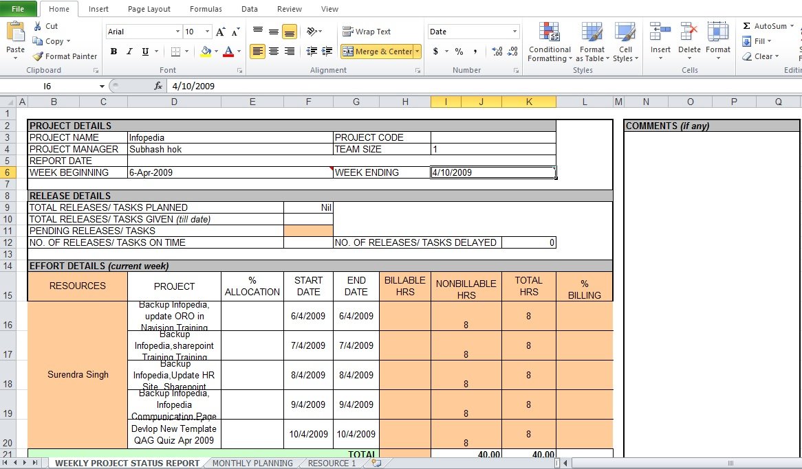 Weekly Status Report Template Excel