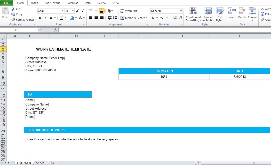 Work Estimate Template Excel Format