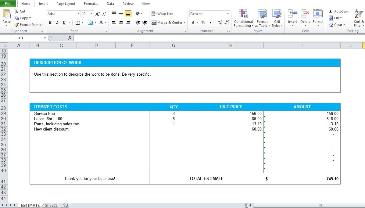 Work Estimate Template Excel Format Excel Tmp 2795