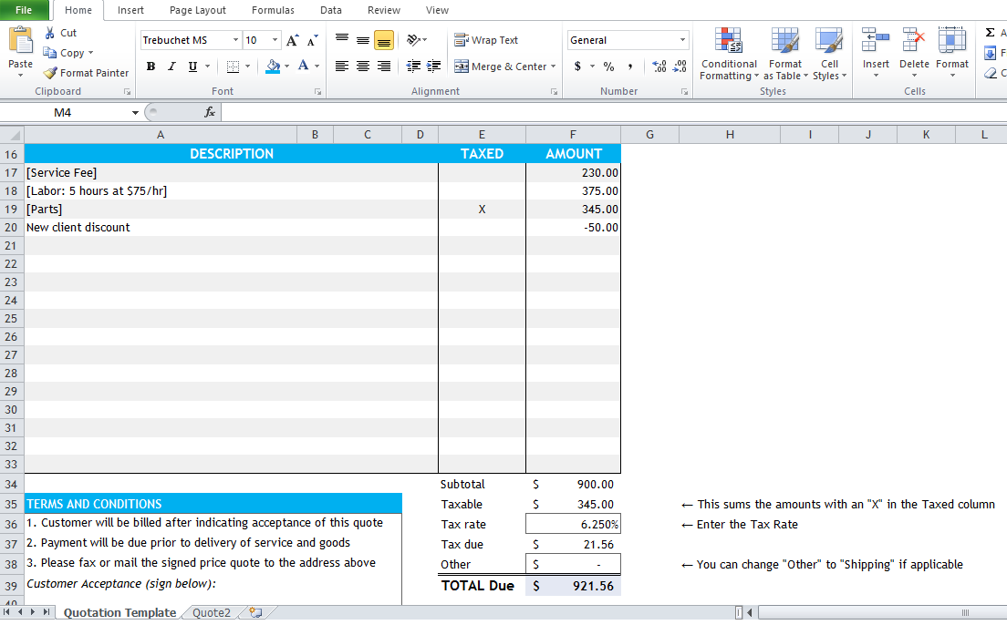 sample of quotation template excel