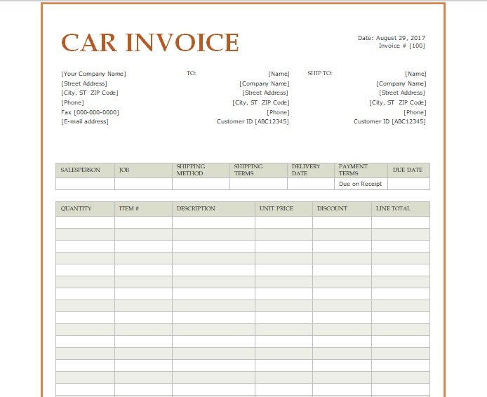 Car Sale Invoice Template (Word Excel PDF) Excel TMP