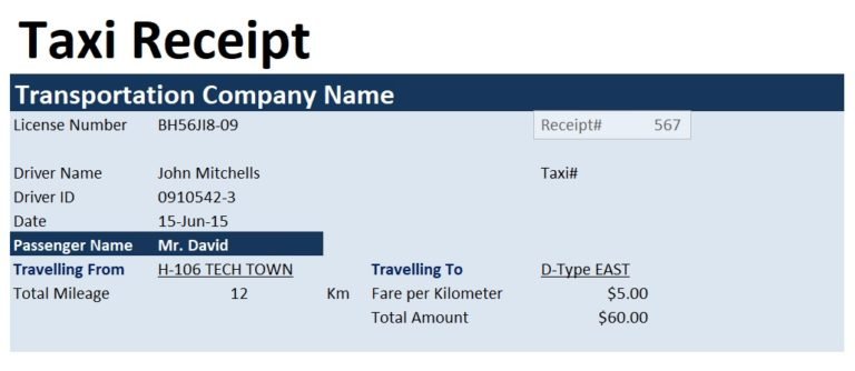 Free Printable Taxi invoice Templates (Excel / Word)