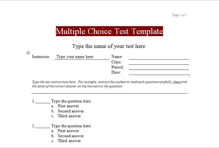 Multiple Choice Test Template For Microsoft Word Excel Tmp 5064