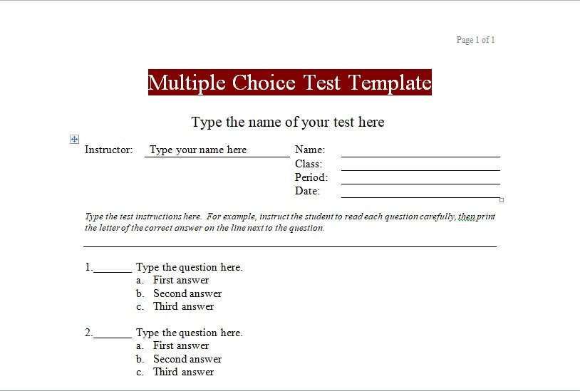 Multiple Choice Test Template Word Free Microsoft Word