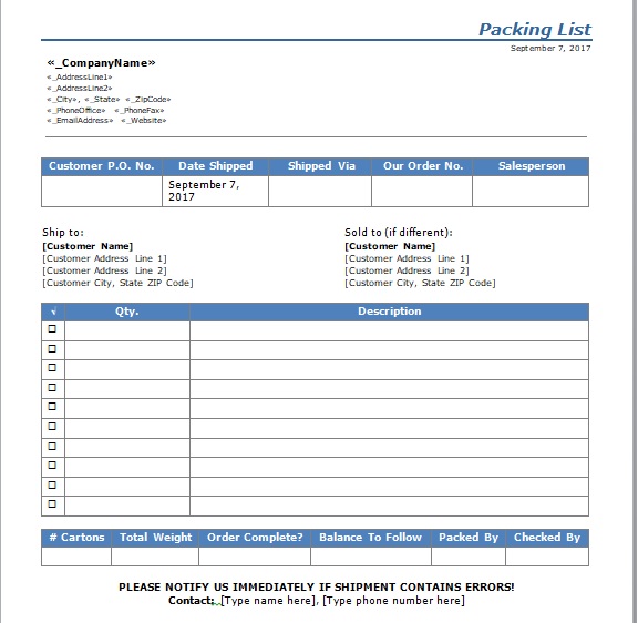 shipping packing list template excel
