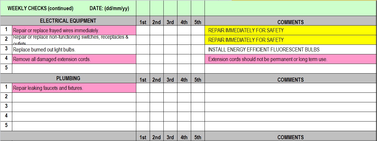 Facility Maintenance Checklist Excel Template