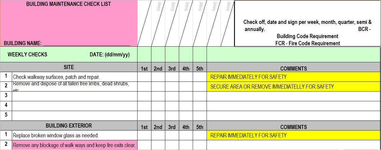 Facility Maintenance Checklist Template ~ Excel Templates 9518