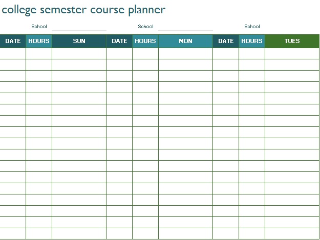 college semester course planner template excel