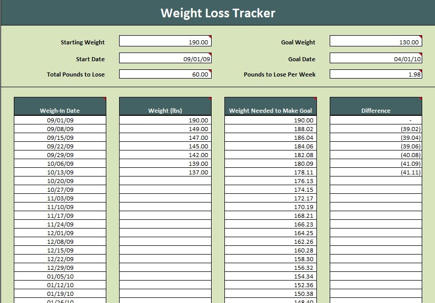 daily weight loss tracker excel