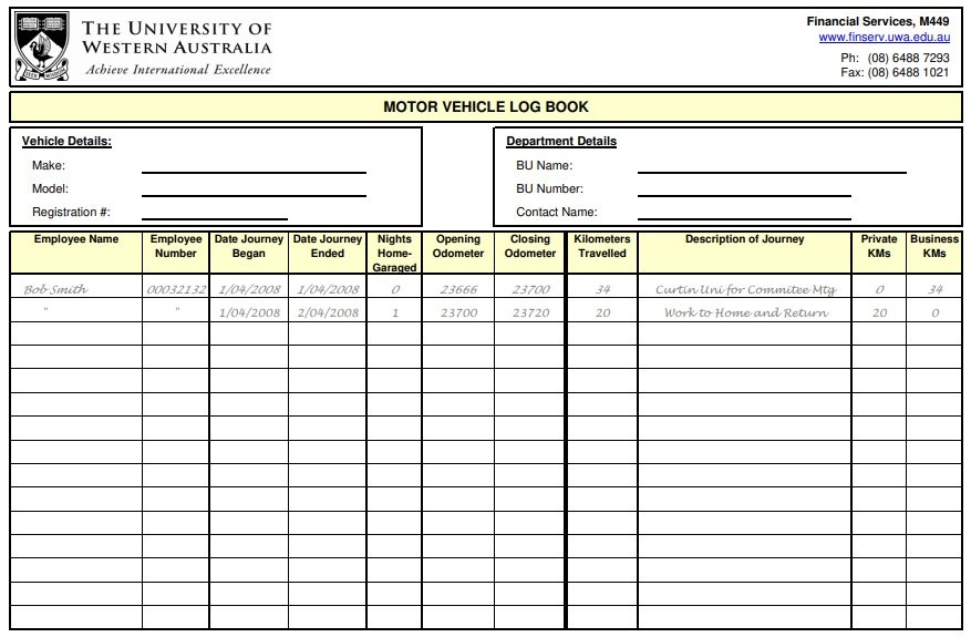 motor vehicle log book template