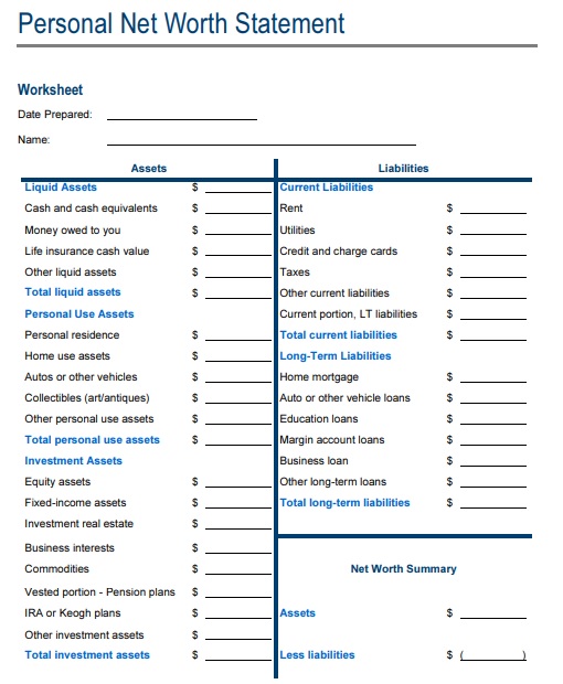 Printable Personal Net Worth Statement Template