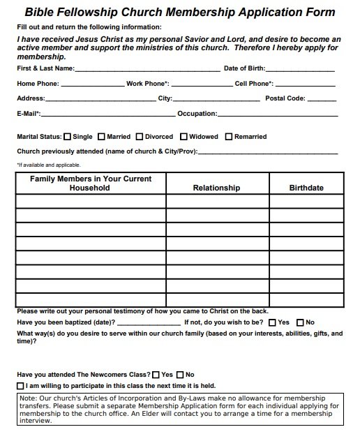 Church Membership Application Form Template Excel TMP