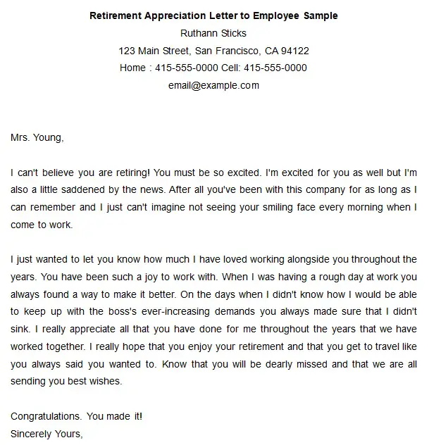 retirement appreciation letter to employee