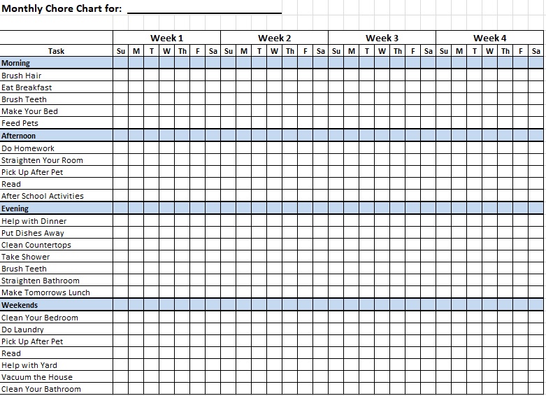 Monthly Chore Chart Template Excel