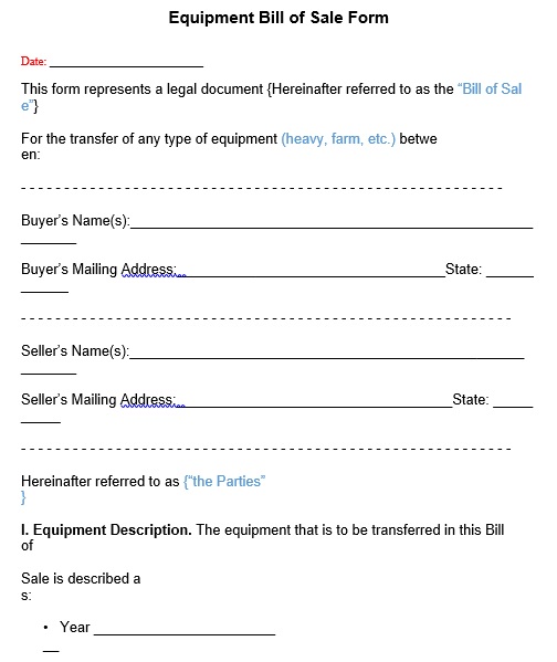 free equipment bill of sale form template