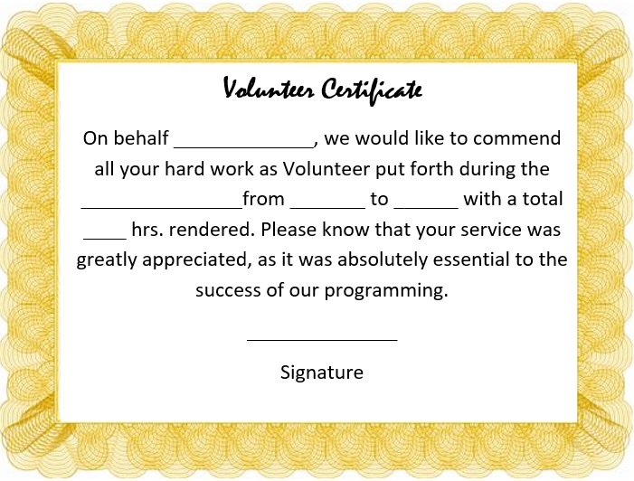 Printable Volunteering Certificate Template Free Word Excel TMP