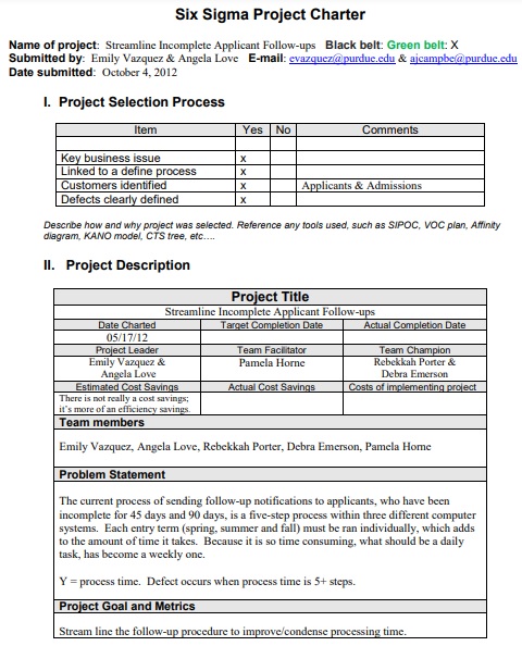 six sigma project charter template