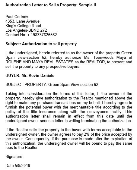 Authorization Letter To Sell Property