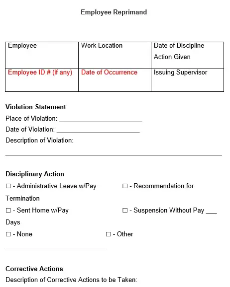 employee reprimand form