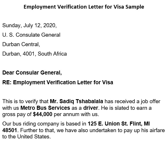 employment verification letter for visa sample